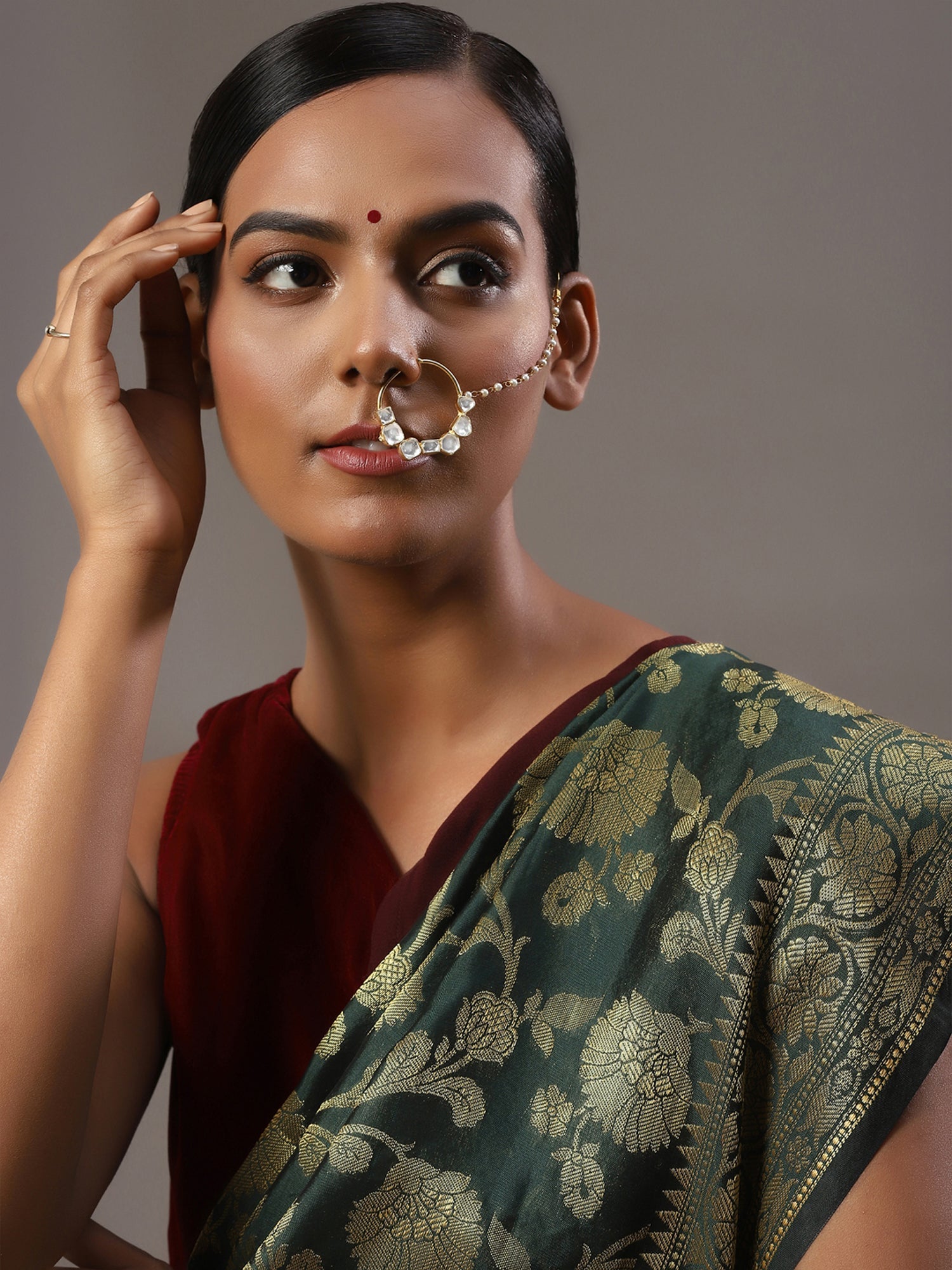 Gold-Polished White Kundan-Studded Nose Ring With Chain - Ruby Raang | Grab2Buy
