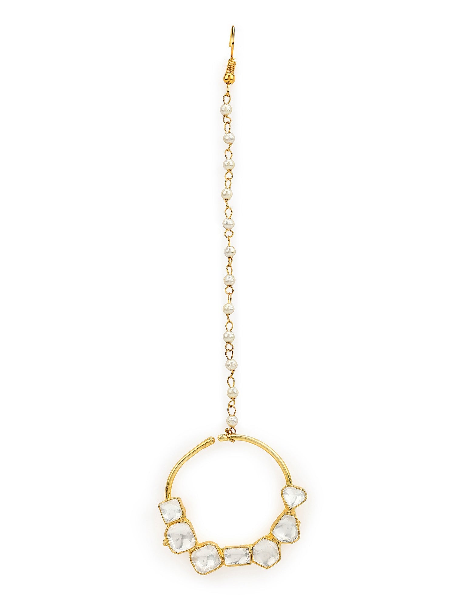 Gold-Polished White Kundan-Studded Nose Ring With Chain - Ruby Raang | Grab2Buy
