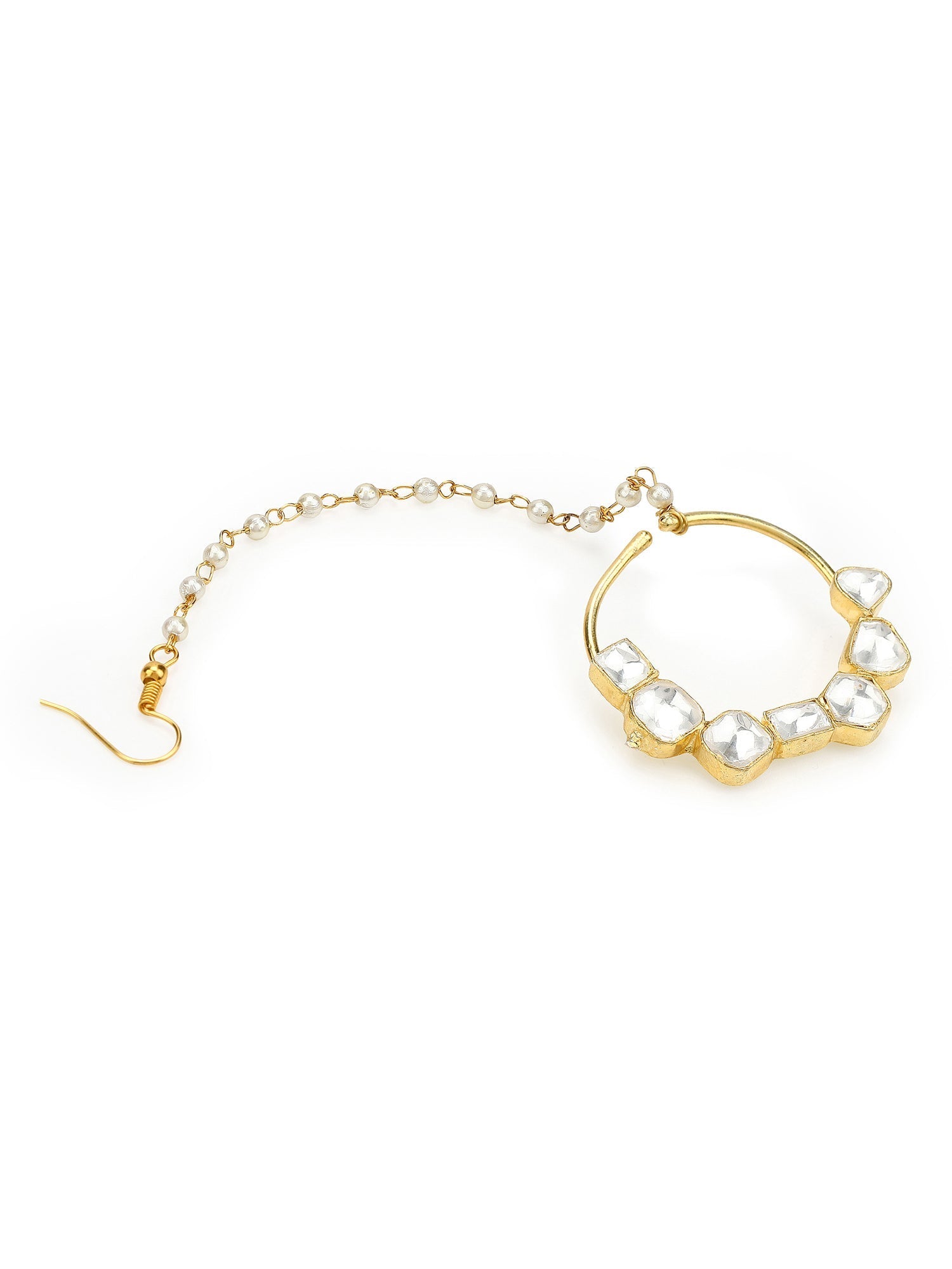 Gold-Polished White Kundan-Studded Nose Ring With Chain - Ruby Raang | Grab2Buy