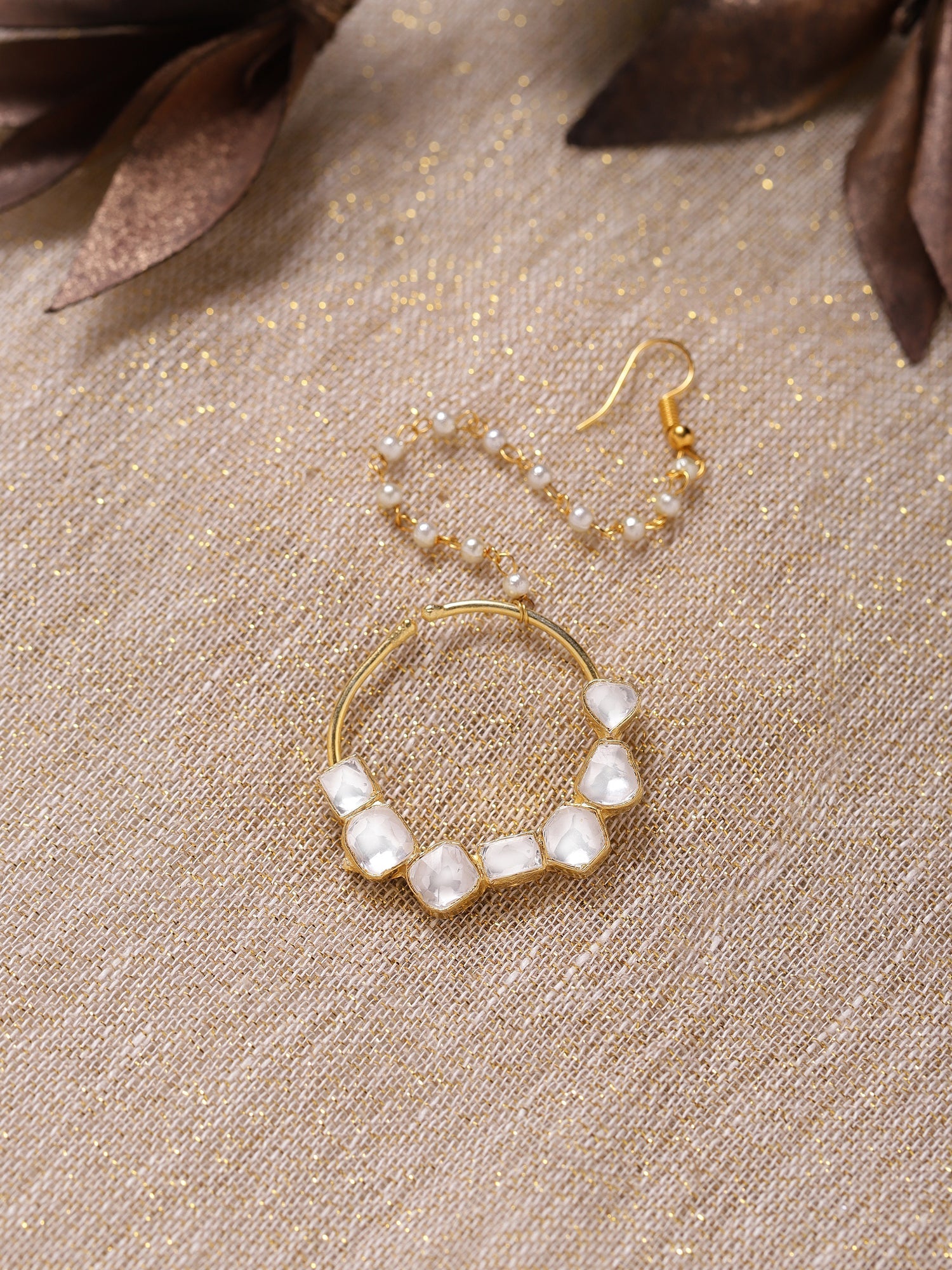 Gold-Polished White Kundan-Studded Nose Ring With Chain - Ruby Raang | Grab2Buy