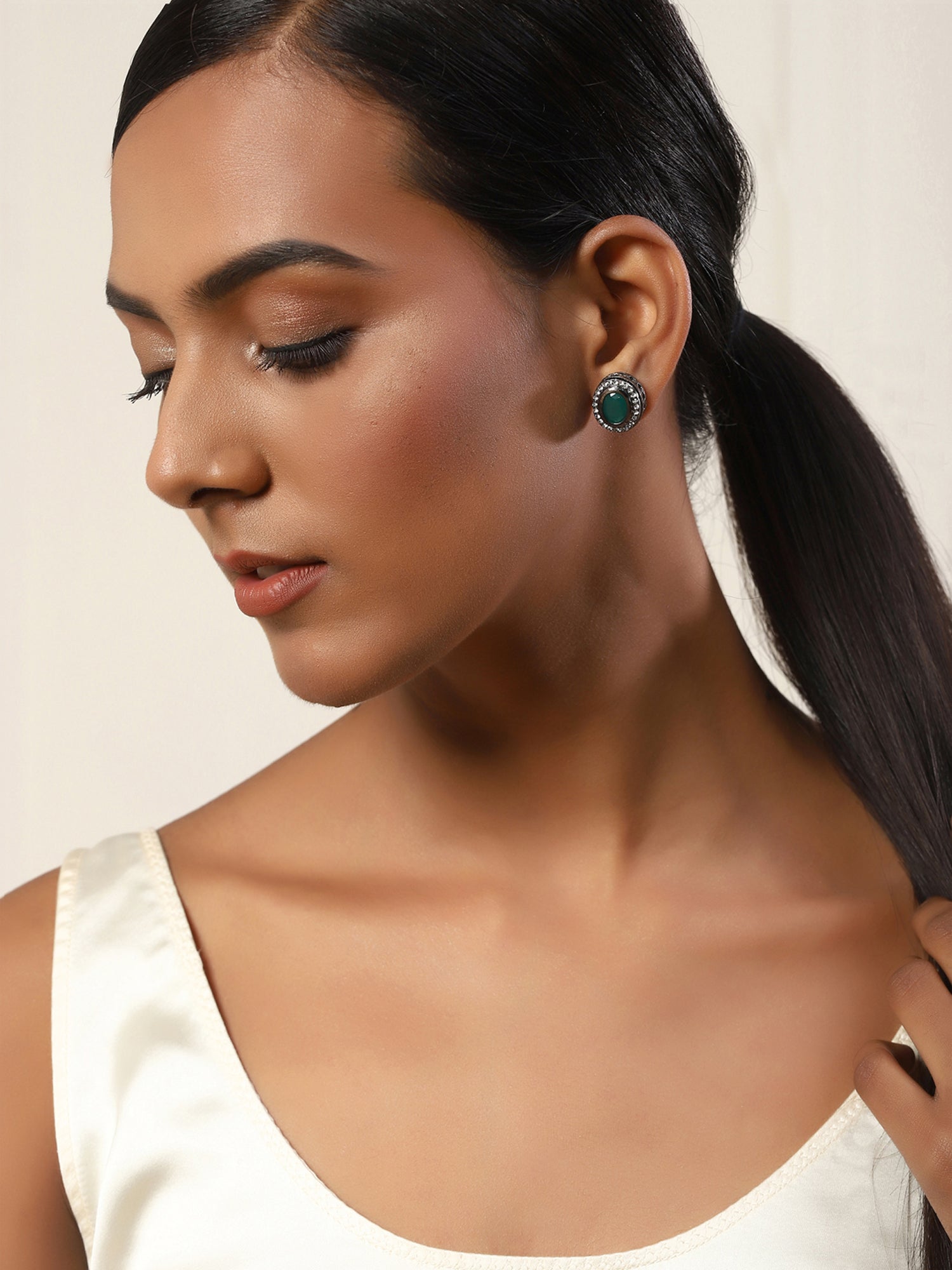Silver-Plated Oval Kundan Studded Studs Earrings - Ruby Raang | Grab2Buy
