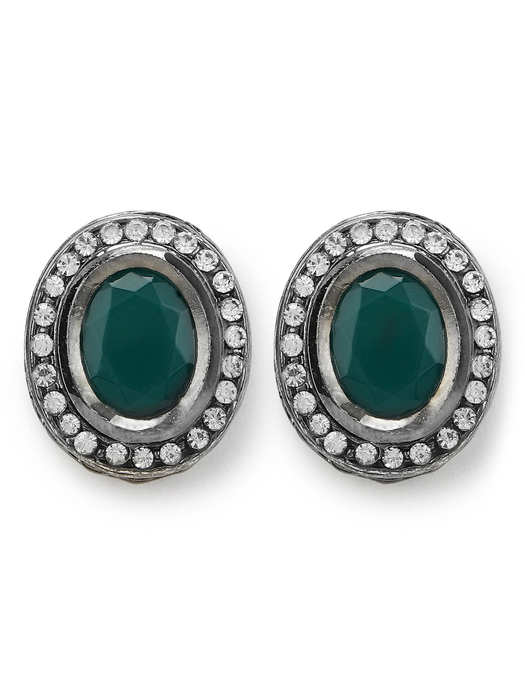Silver-Plated Oval Kundan Studded Studs Earrings - Ruby Raang | Grab2Buy