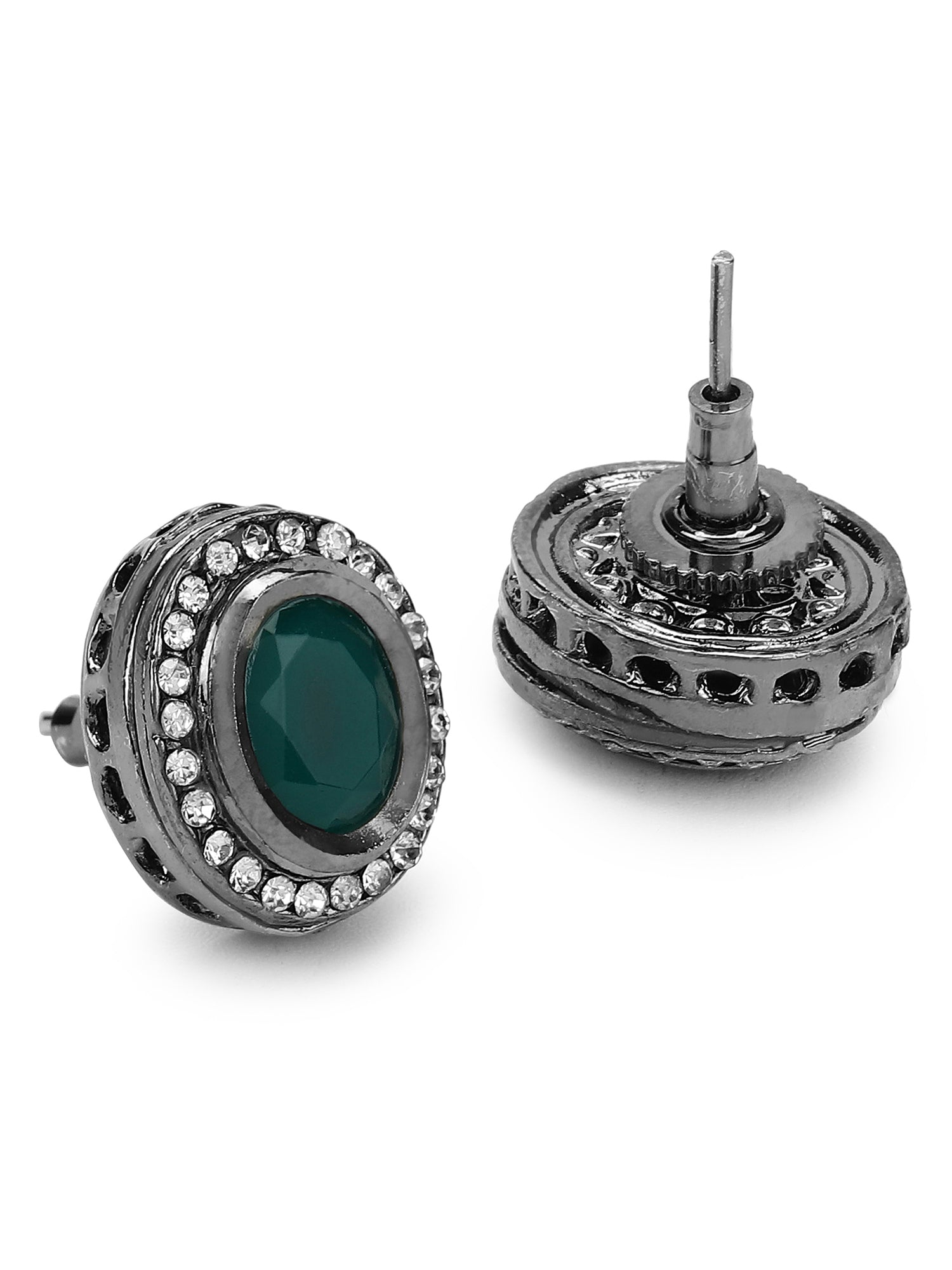 Silver-Plated Oval Kundan Studded Studs Earrings - Ruby Raang | Grab2Buy