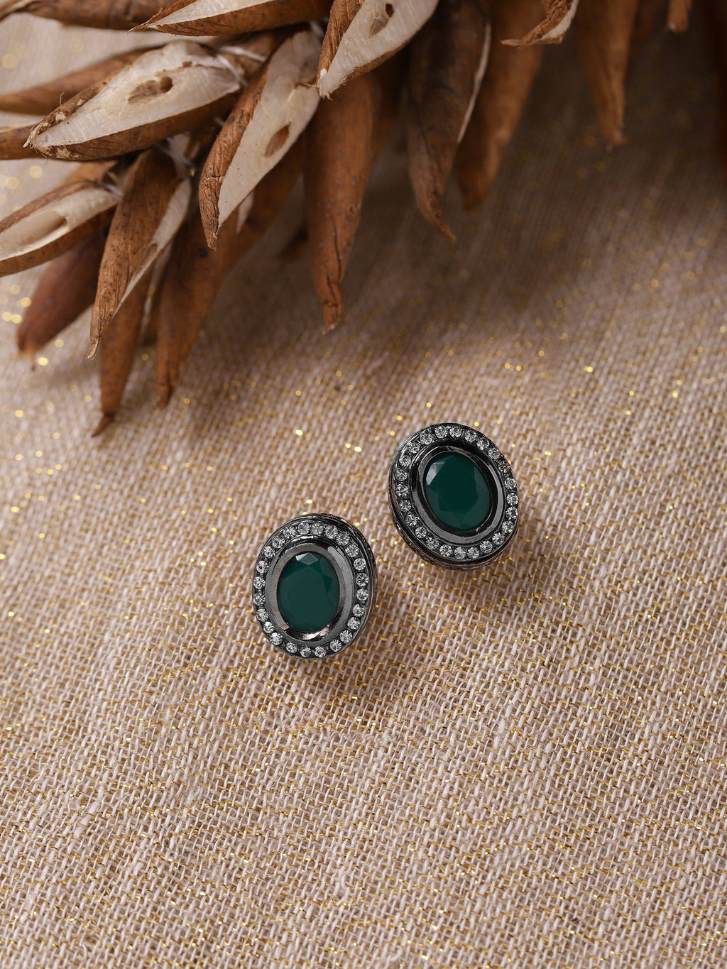 Silver-Plated Oval Kundan Studded Studs Earrings - Ruby Raang | Grab2Buy