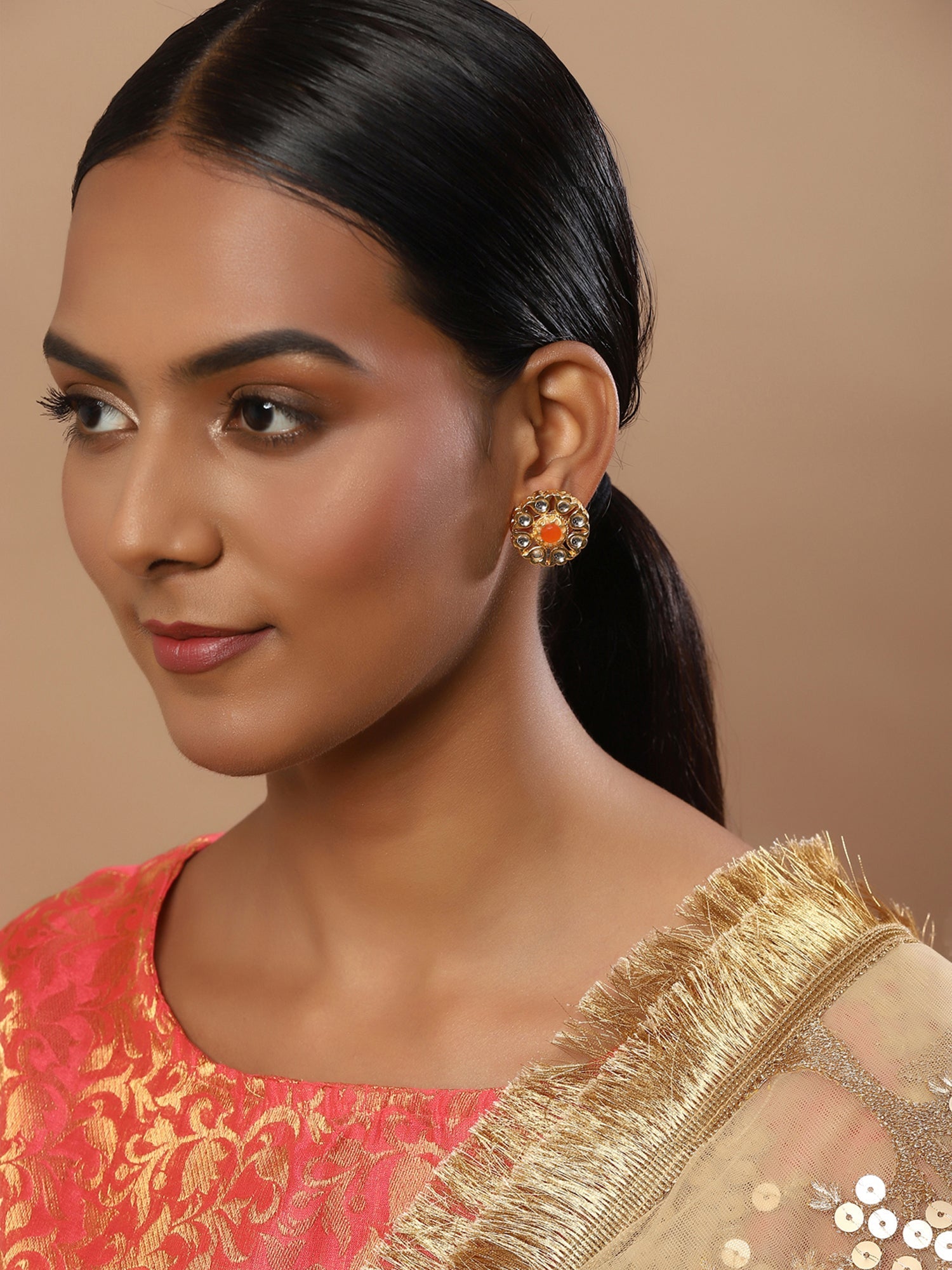Gold-Polished Floral Shaped Kundan Studded Studs Earrings - Ruby Raang | Grab2Buy