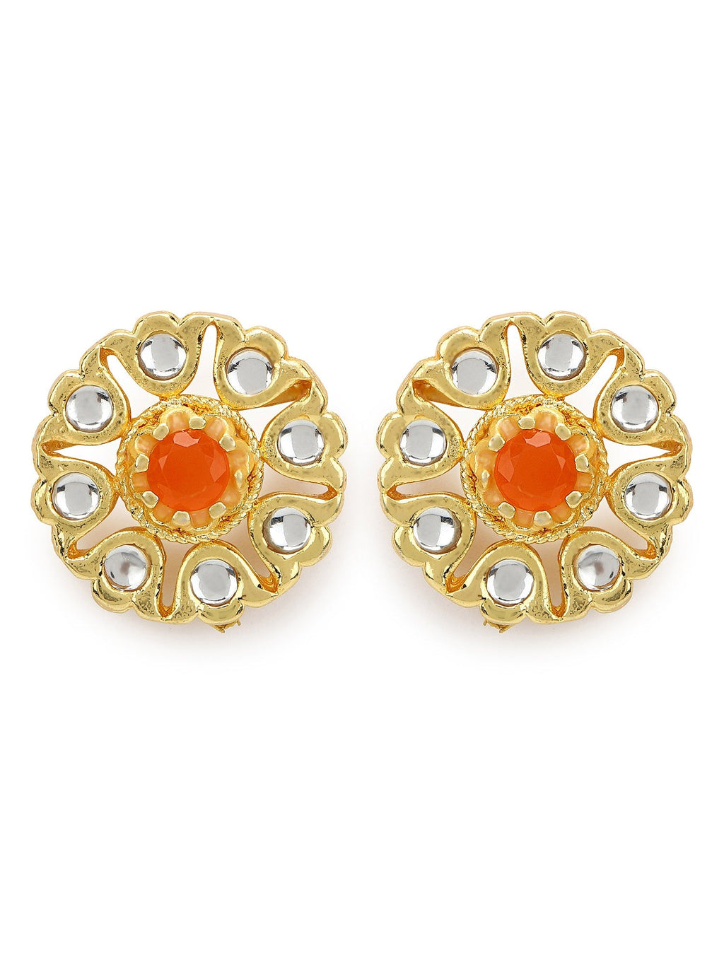 Gold-Polished Floral Shaped Kundan Studded Studs Earrings - Ruby Raang | Grab2Buy