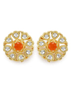 Gold-Polished Floral Shaped Kundan Studded Studs Earrings - Ruby Raang | Grab2Buy