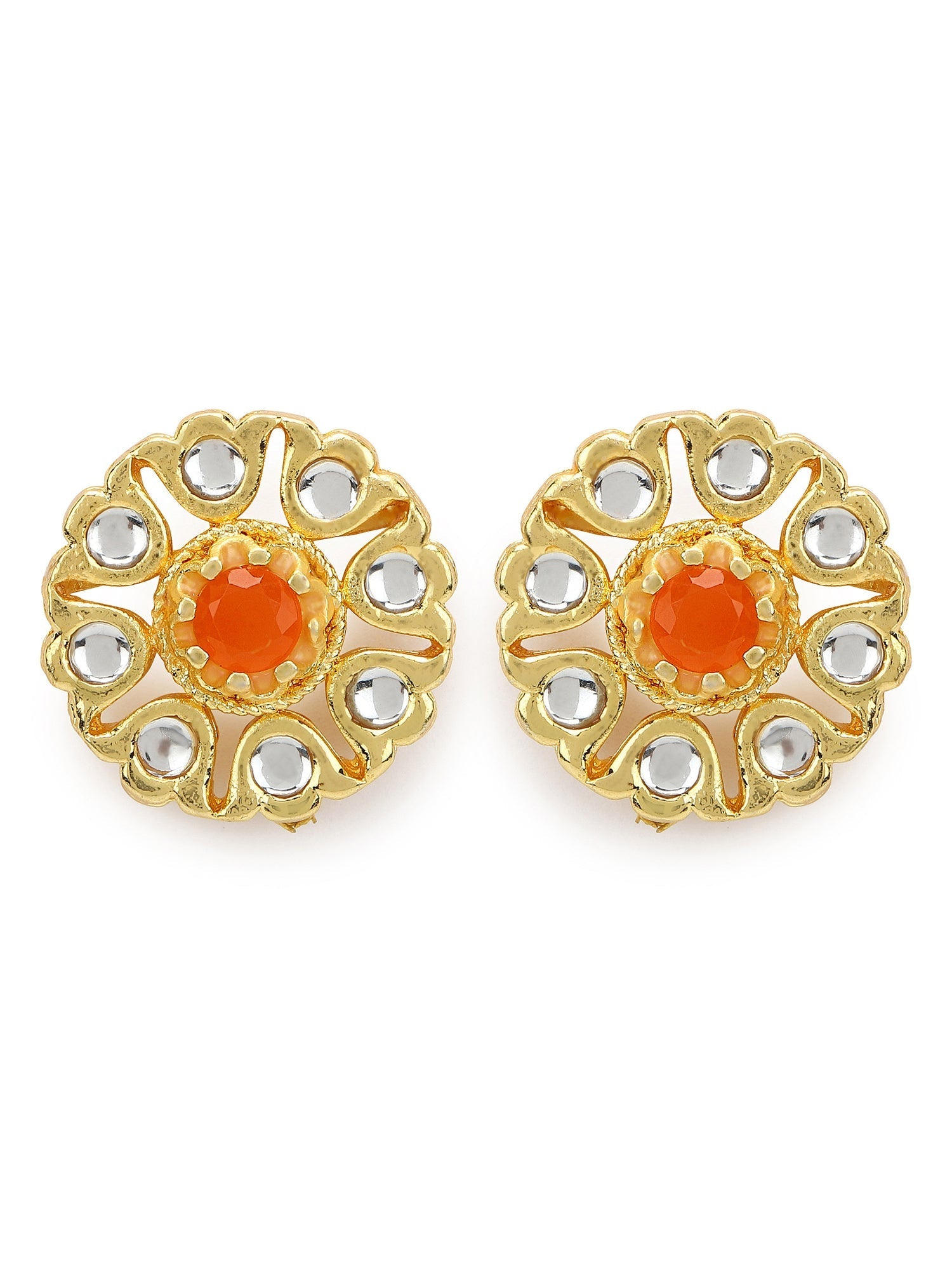 Gold-Polished Floral Shaped Kundan Studded Studs Earrings - Ruby Raang | Grab2Buy