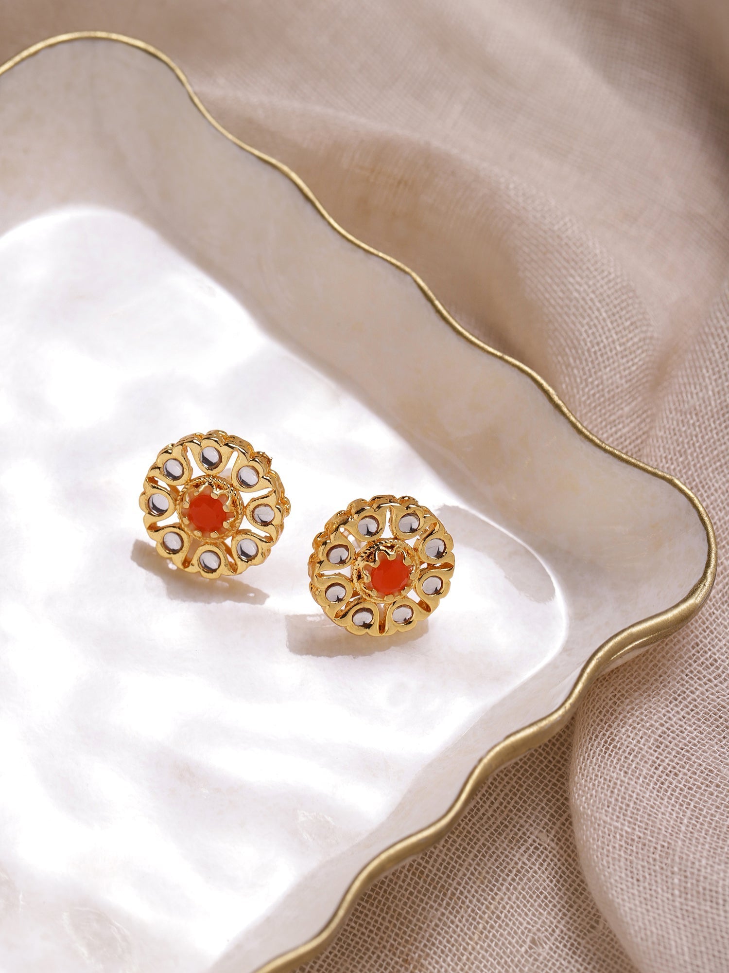 Gold-Polished Floral Shaped Kundan Studded Studs Earrings - Ruby Raang | Grab2Buy