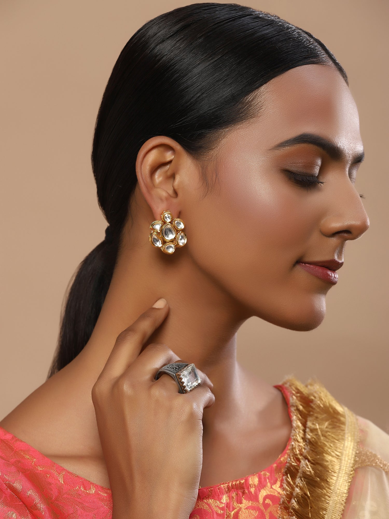 Gold-Toned Circular Studs Earrings - Ruby Raang | Grab2Buy