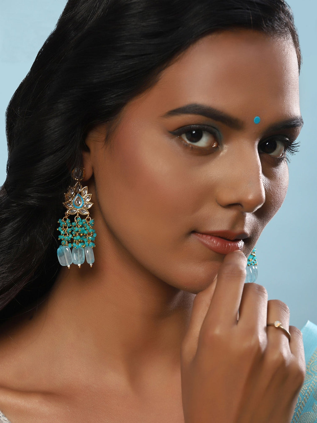 Gold-Polished Turquoise Blue Kundan Studded Classic Drop Earrings - Ruby Raang | Grab2Buy