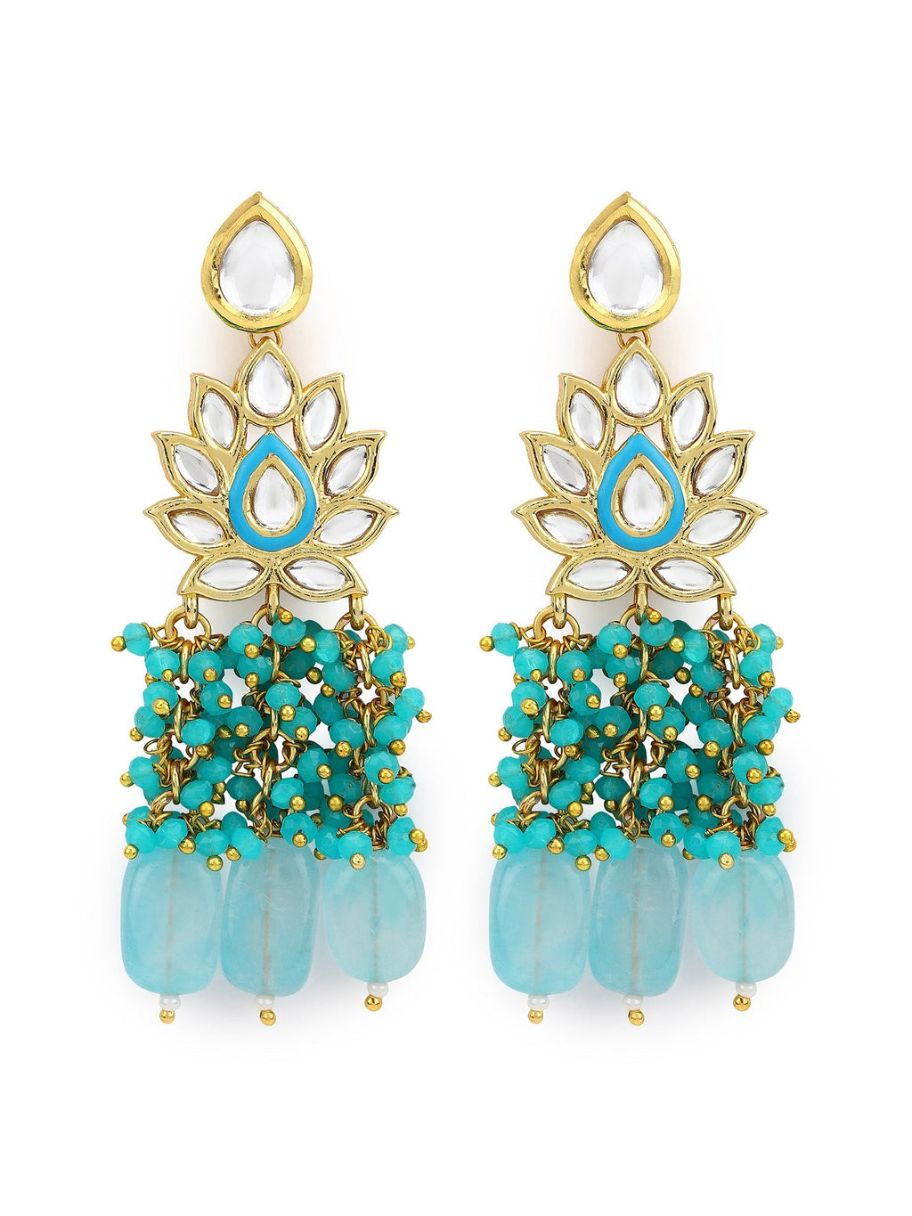 Gold-Polished Turquoise Blue Kundan Studded Classic Drop Earrings - Ruby Raang | Grab2Buy