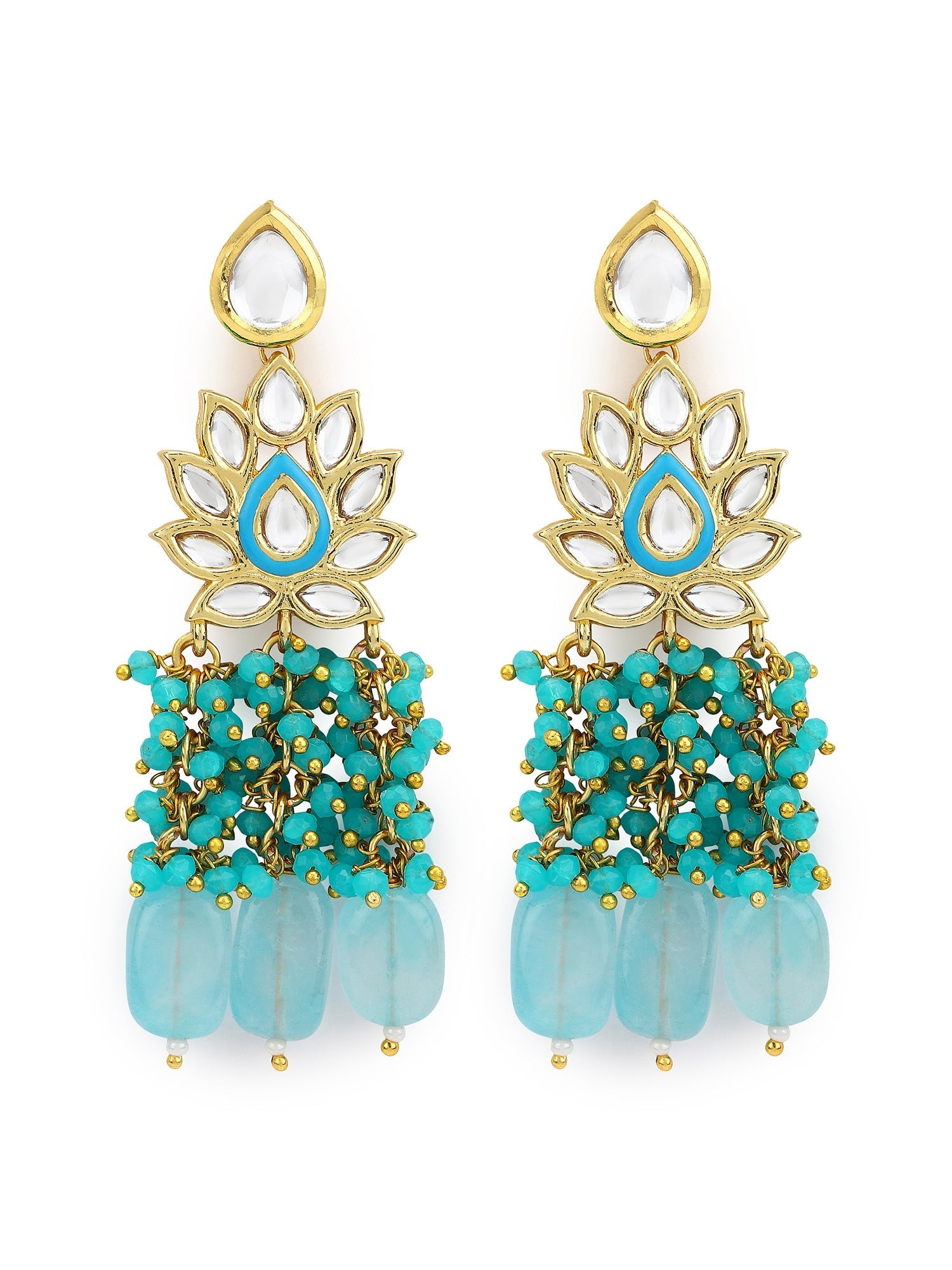 Gold-Polished Turquoise Blue Kundan Studded Classic Drop Earrings - Ruby Raang | Grab2Buy