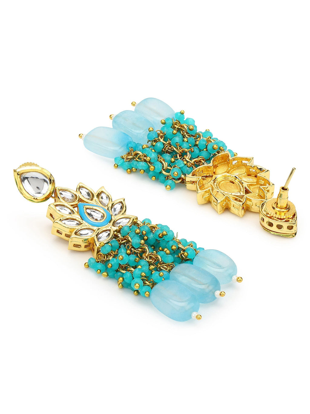 Gold-Polished Turquoise Blue Kundan Studded Classic Drop Earrings - Ruby Raang | Grab2Buy