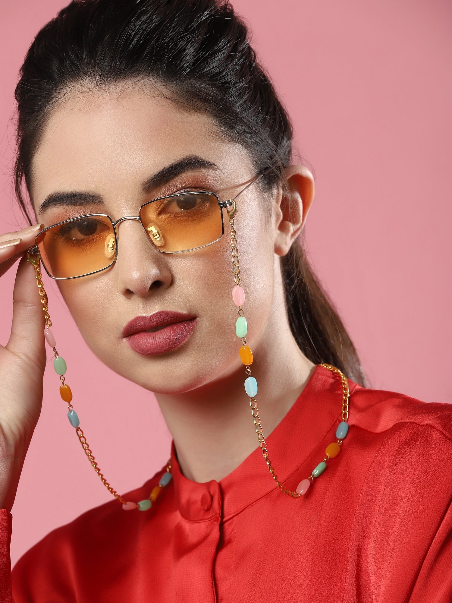 Gold-Polished Multicolored Beaded Mask Chain - Ruby Raang | Grab2Buy