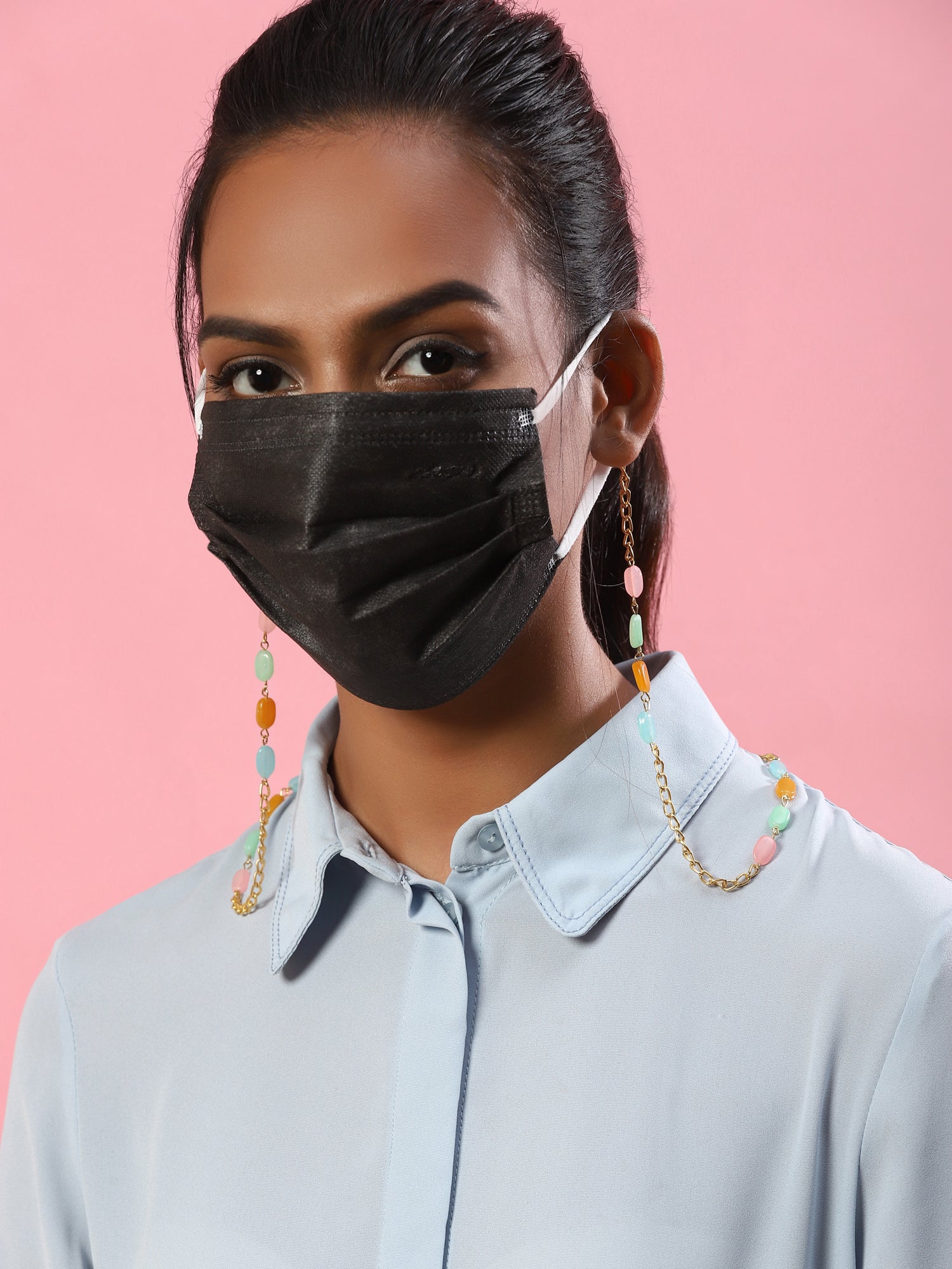 Gold-Polished Multicolored Beaded Mask Chain - Ruby Raang | Grab2Buy
