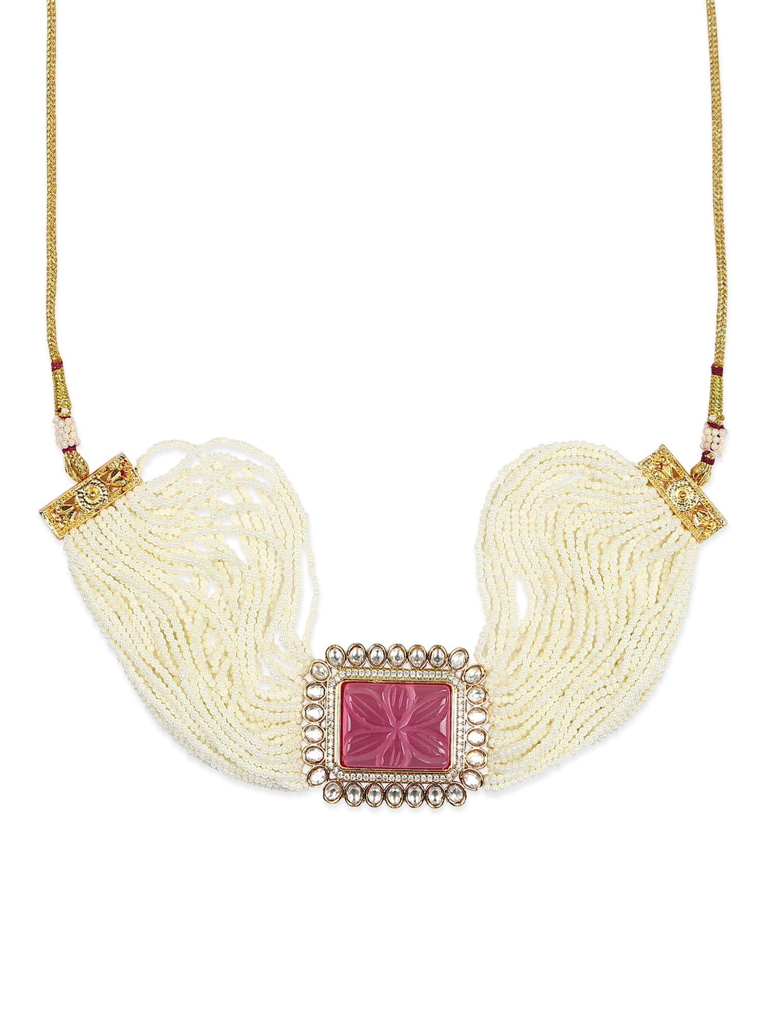 Gold-Polished White Pink Kundan Studded Beaded Brass Choker Necklace - Ruby Raang | Grab2Buy