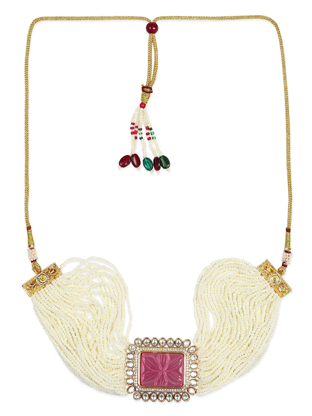 Gold-Polished White Pink Kundan Studded Beaded Brass Choker Necklace - Ruby Raang | Grab2Buy