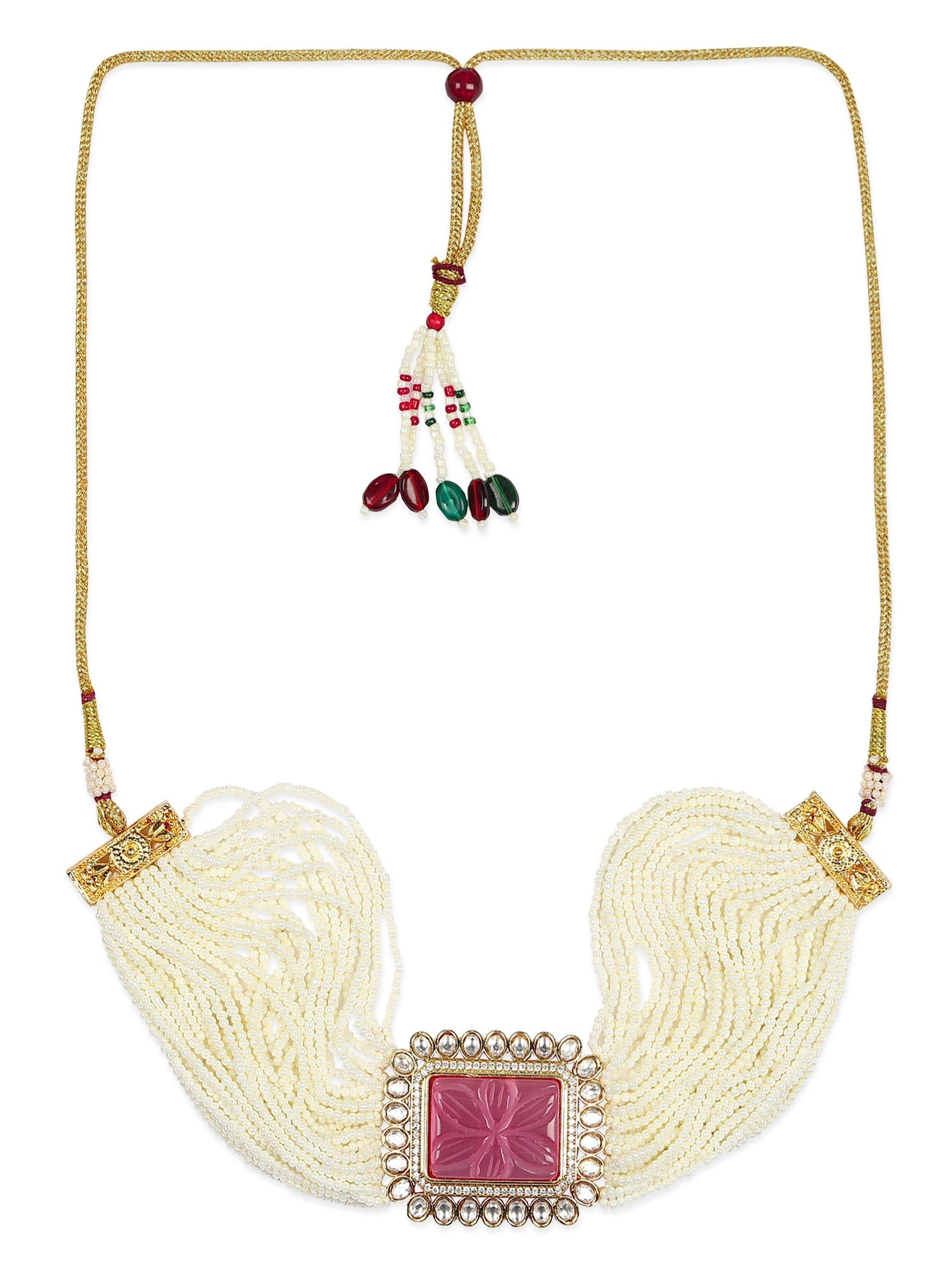 Gold-Polished White Pink Kundan Studded Beaded Brass Choker Necklace - Ruby Raang | Grab2Buy