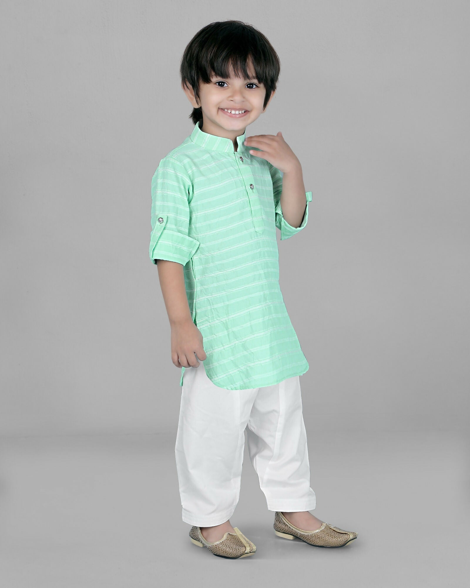 Joban Fashion Kids Island Cotton Full Sleeves Striped Kurta and Pyjama- Sea Green | Grab2Buy