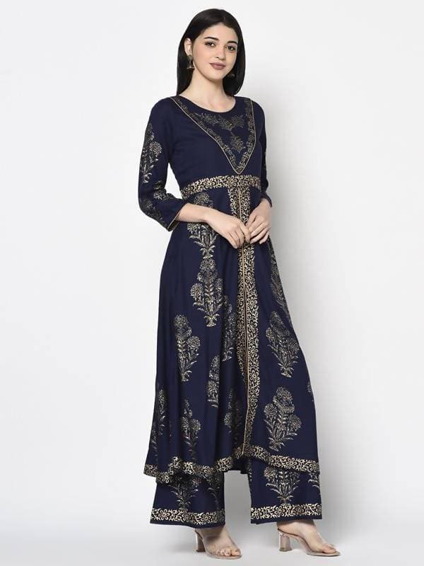 Aniyah Rayon Navy Blue Color Foil Print Anarkali Kurta (AN-192K) | Grab2Buy