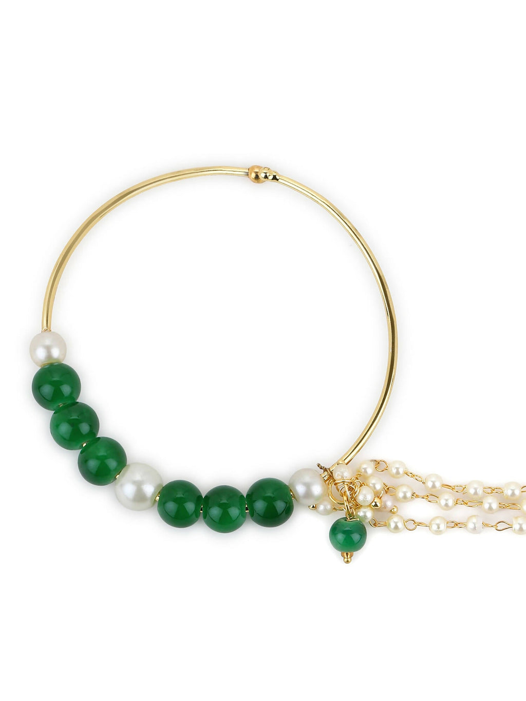 Gold-Polished White Green Stone-Studded Pearl Beaded Nosepin - Ruby Raang | Grab2Buy