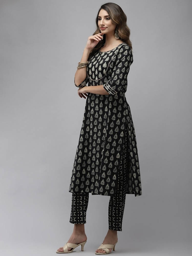 Yufta Women Black Ethnic Motifs Regular Mirror Work Pure Cotton Kurta with Trouser & With Dupatta | Grab2Buy