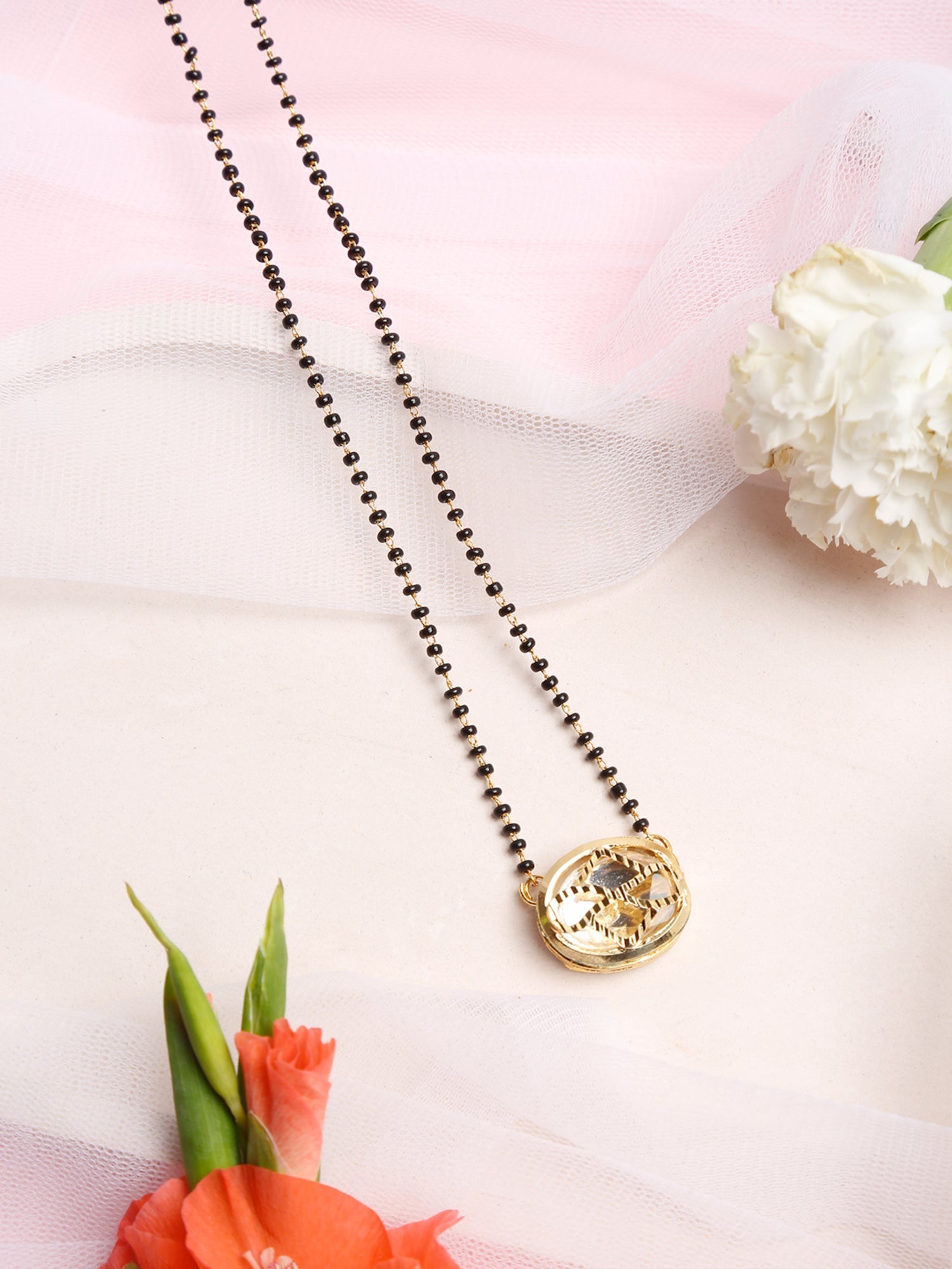 Gold-Polished Black Beaded Kundan Mangalsutra - Ruby Raang | Grab2Buy
