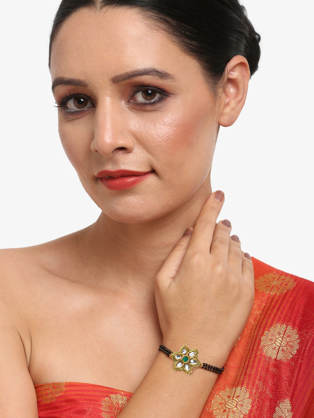 Black Gold-Polished Kundan Studded Mangalsutra Bracelet - Ruby Raang | Grab2Buy