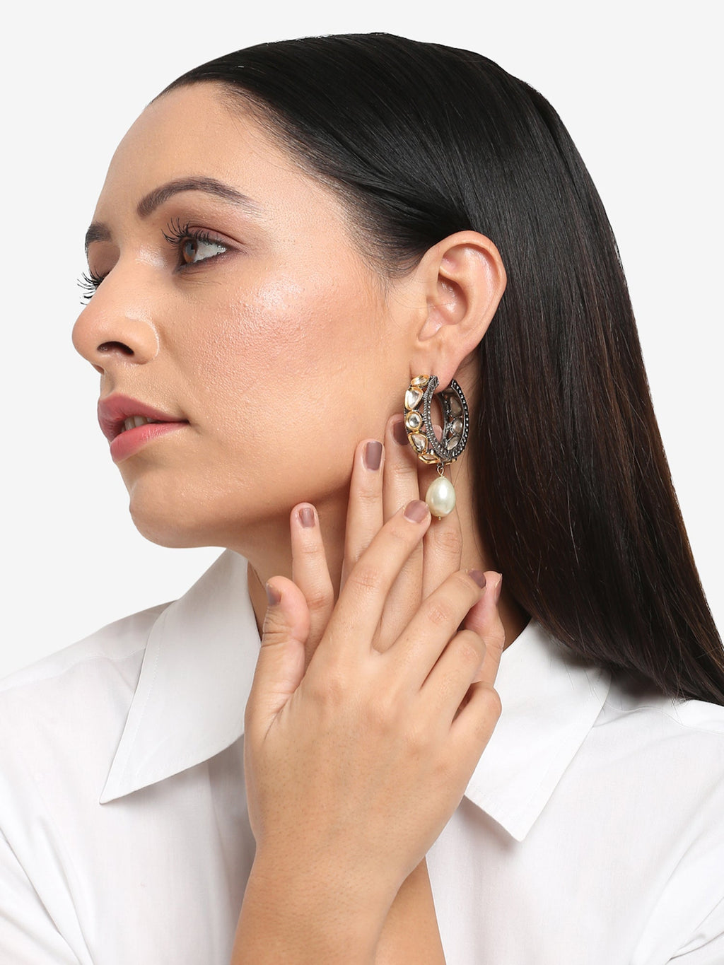 Silver-Toned White Circular Hoop Earrings - Ruby Raang | Grab2Buy