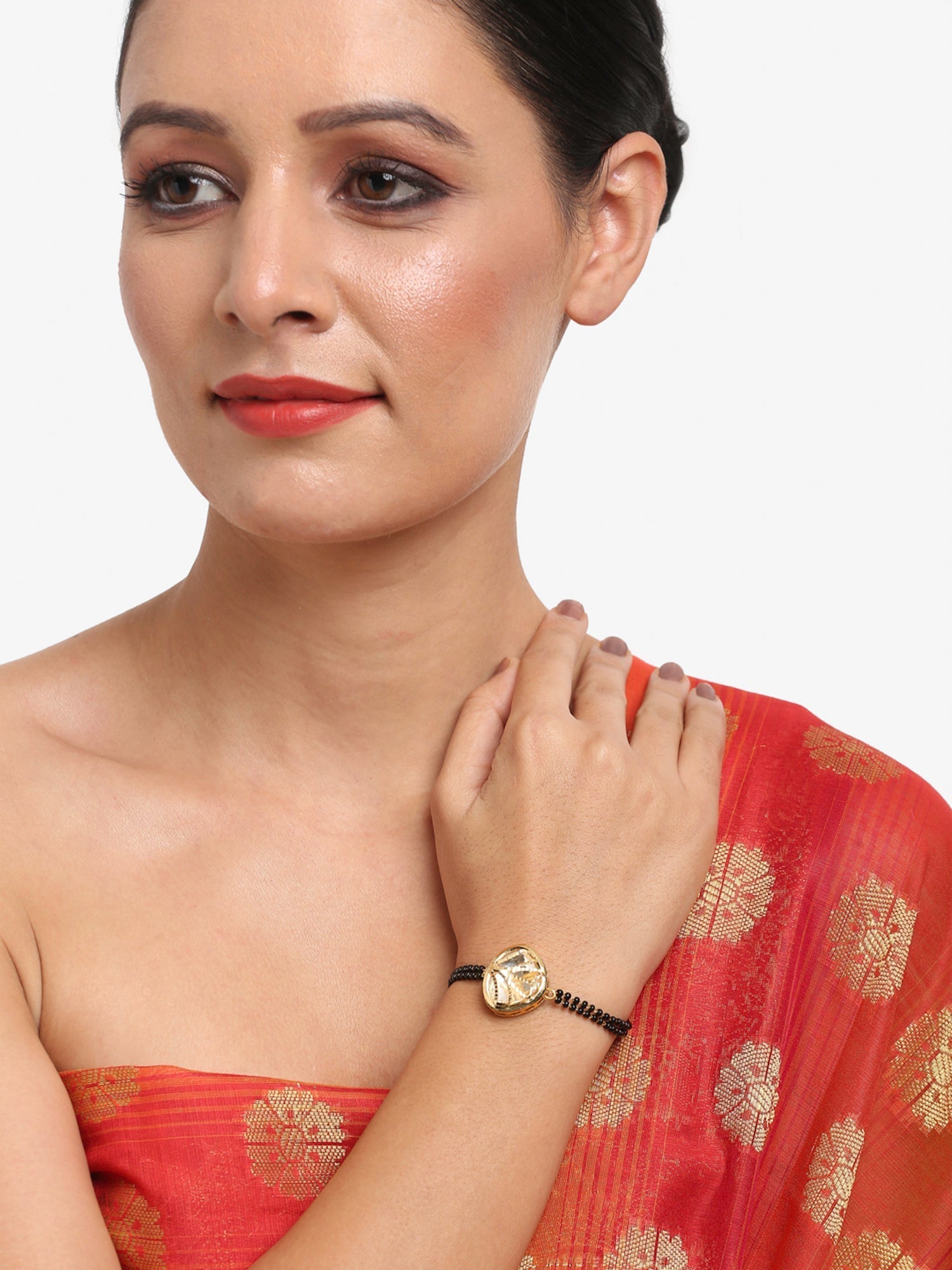 Women's Black Gold-Polished Charm Kundan Studded Mangalsutra Bracelet - Ruby Raang | Grab2Buy
