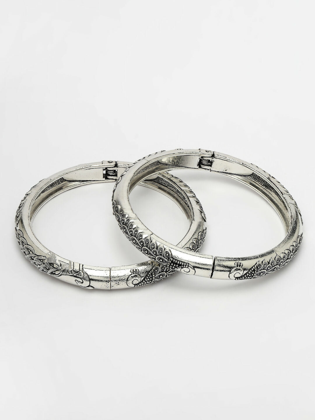 NVR Women's Set of 2 Silver-Toned German Silver Peacock Design Oxidised Kada Bangle
