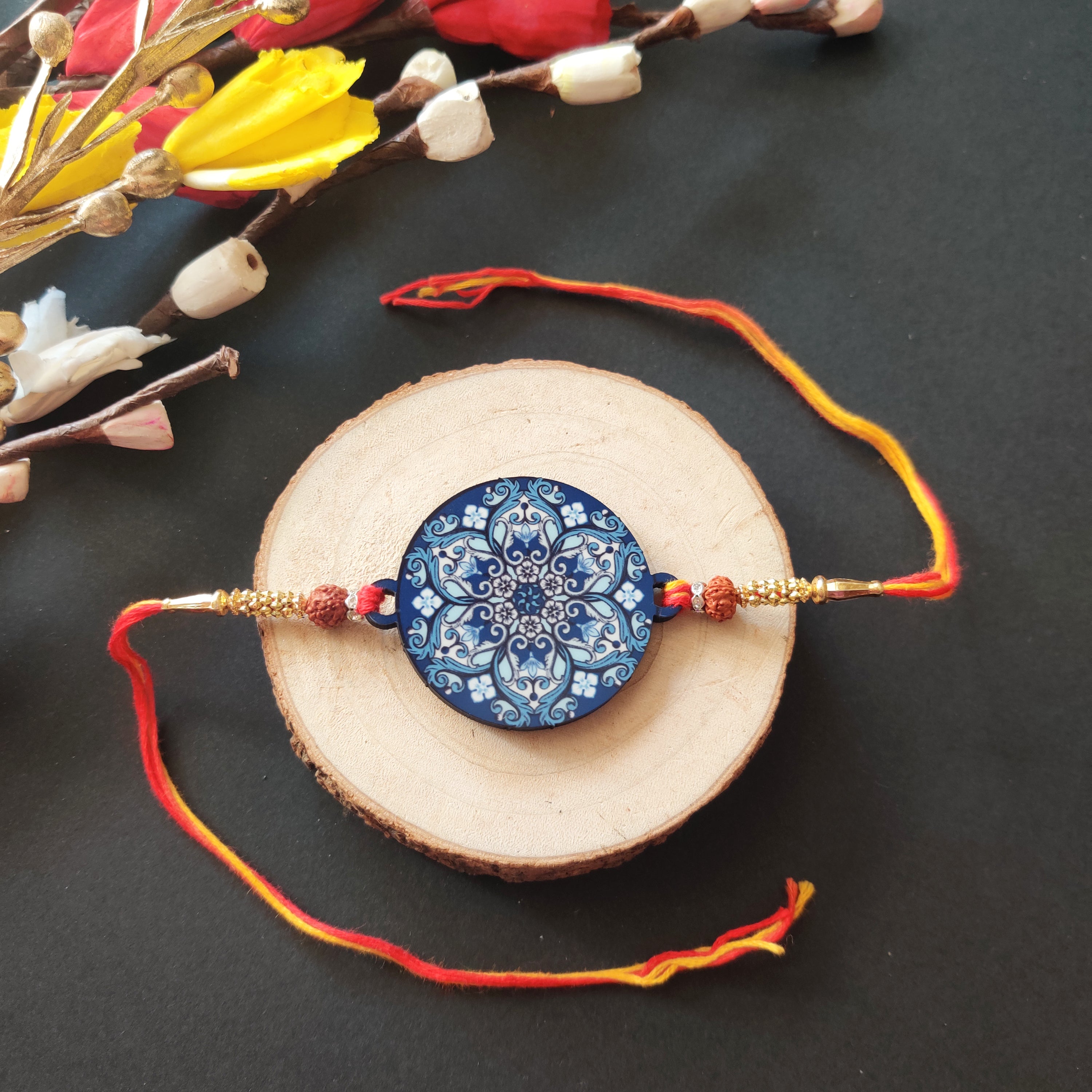 Indianvibez Ethnic Mandala Wooden Rakhi with Rudraksha, Divine Rakhi for Brother| - Kids Rakhi | Grab2Buy