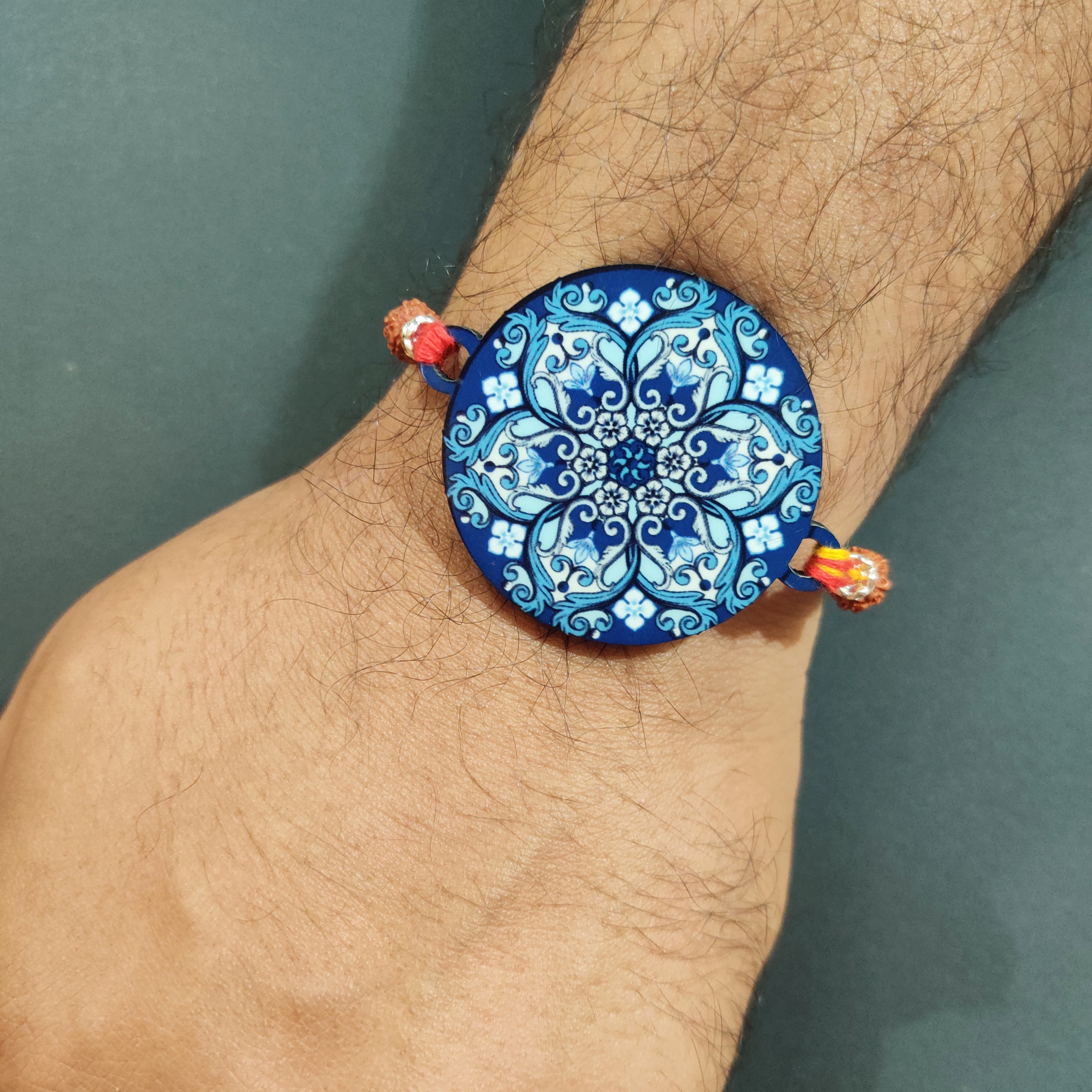 Indianvibez Ethnic Mandala Wooden Rakhi with Rudraksha, Divine Rakhi for Brother| - Kids Rakhi | Grab2Buy