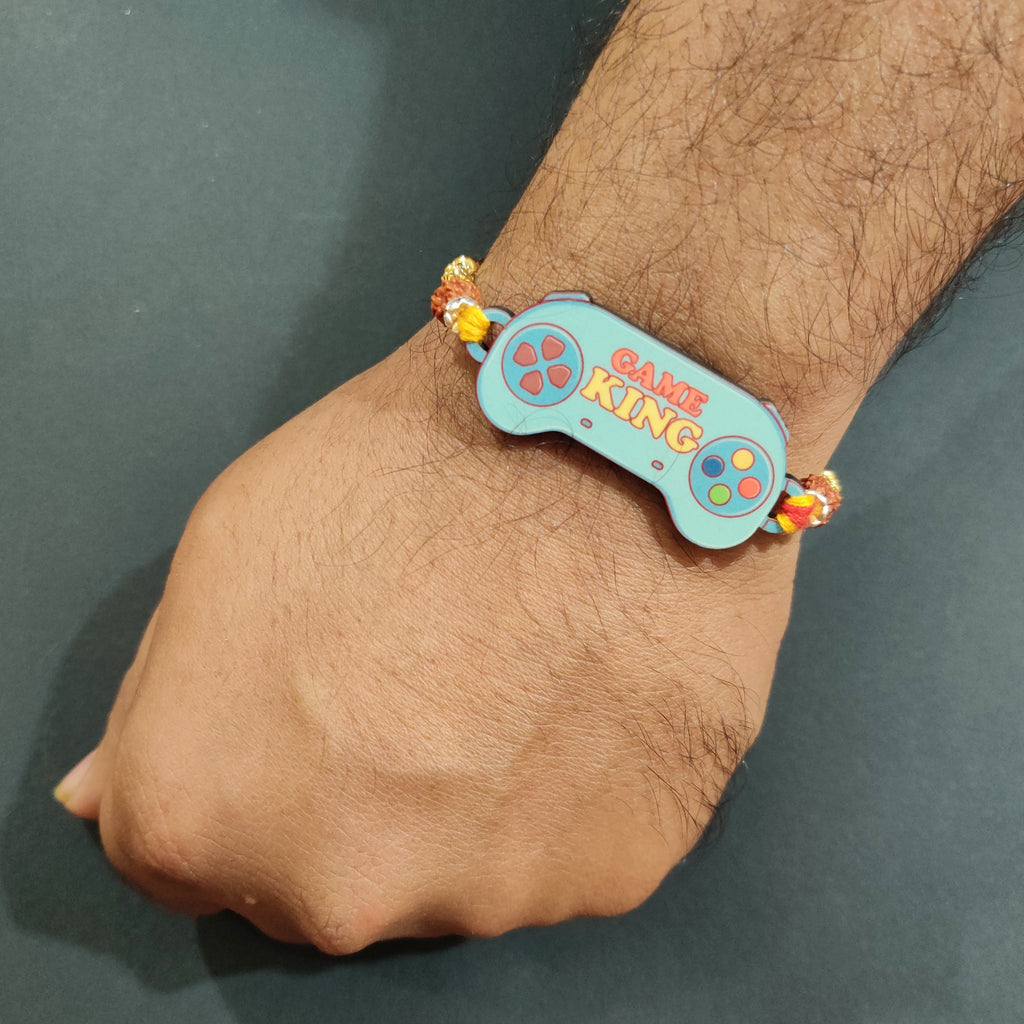 Indianvibez Gamer King Bhai Wooden Rakhi with Rudraksha, Gaming Rakhi for Bro, Shop India - Kids Rakhi | Grab2Buy