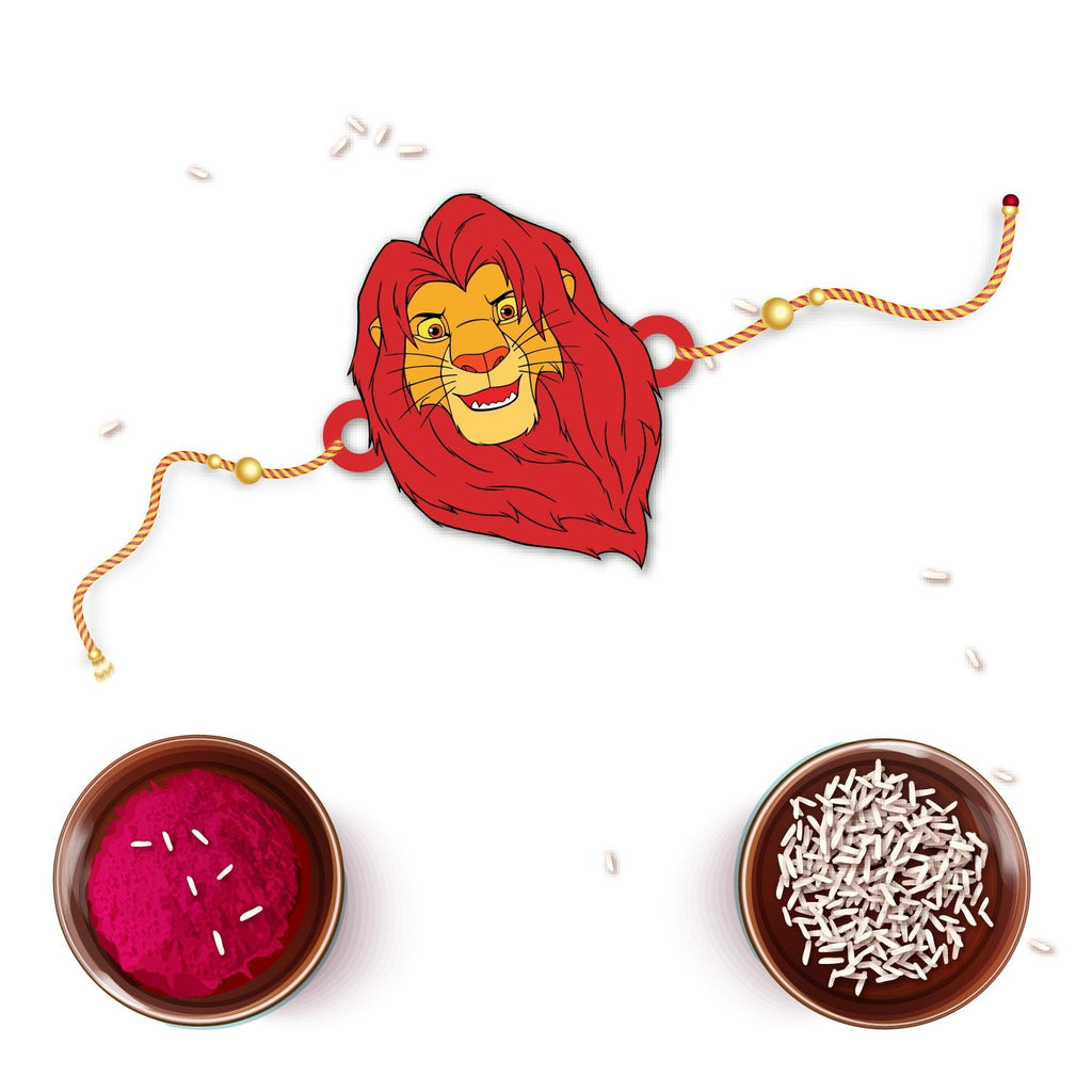 Indianvibez Mufasa Wooden Rakhi with Rudraksha, Lion King Rakhi for Brother, Shop India - Kids Rakhi | Grab2Buy