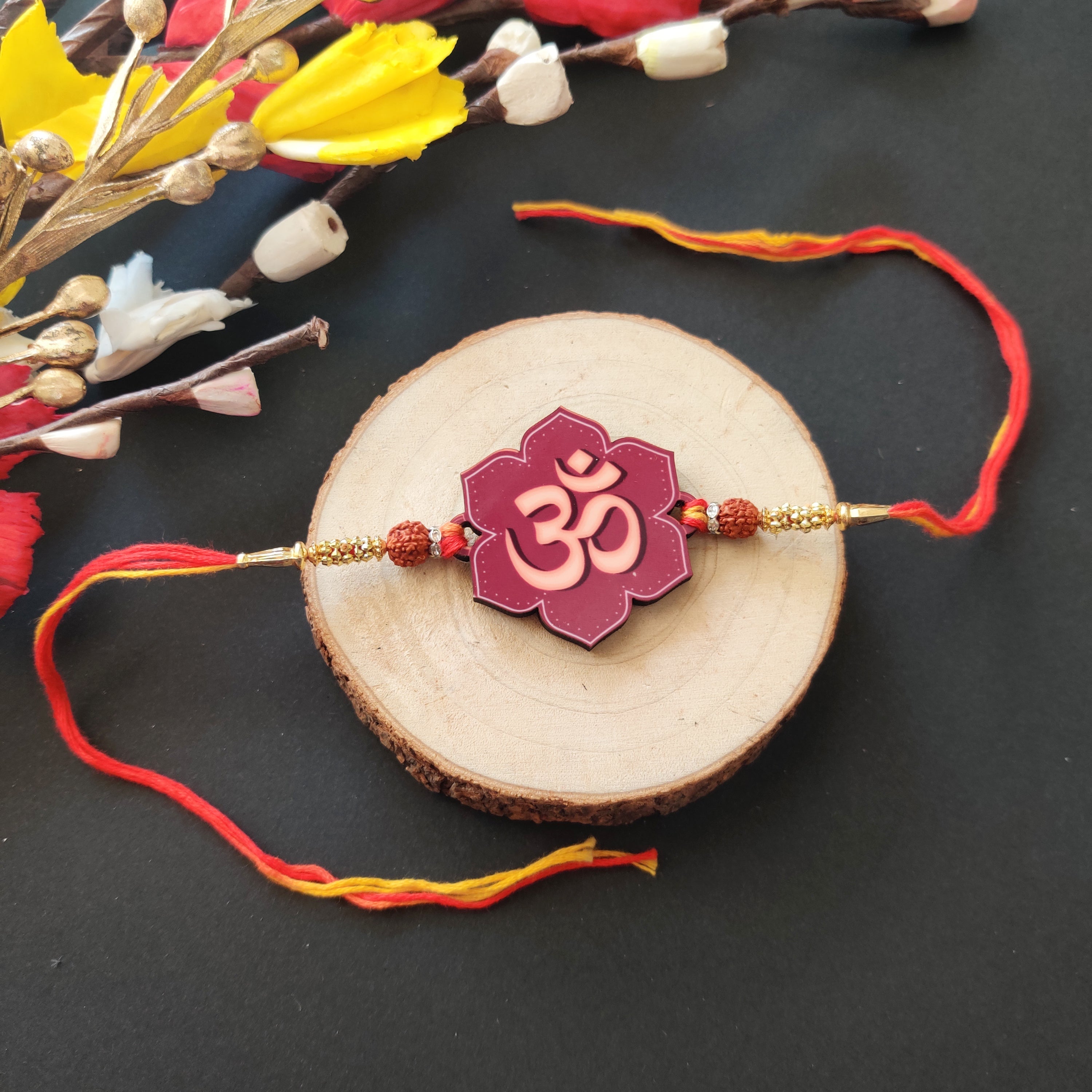 Indianvibez Om Wooden Rakhi with Rudraksha Thread, Rakhi for Brother - Kids Rakhi | Grab2Buy