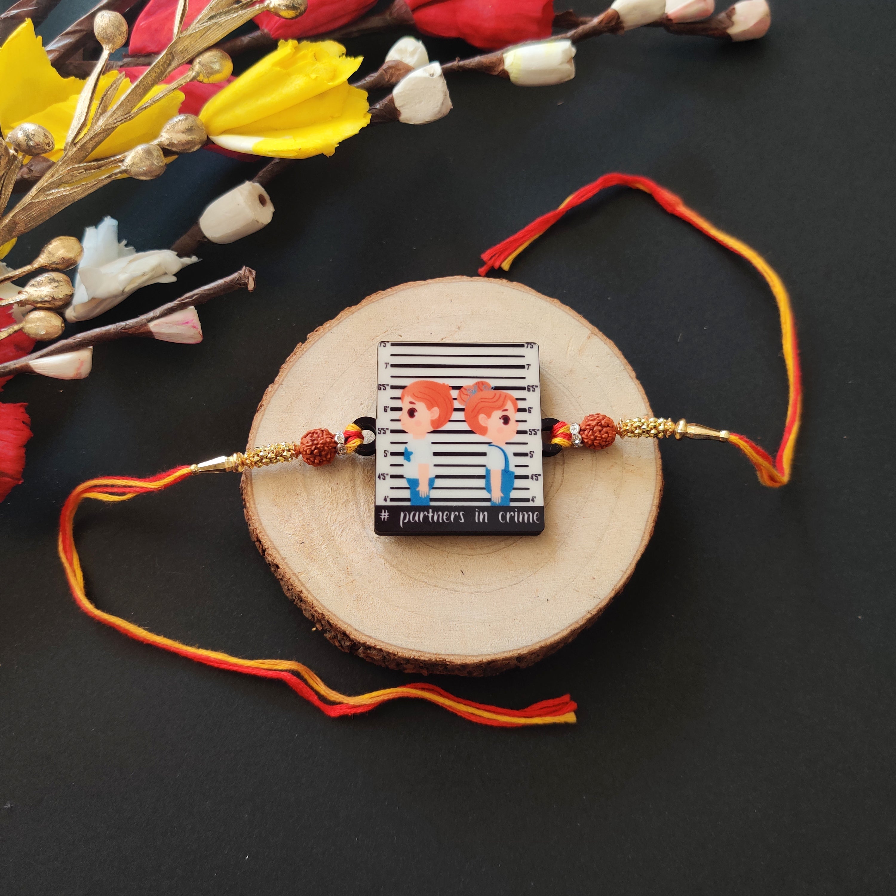 Indianvibez Partners in Crime Rakhi Wooden Rakhi for brother with Rudraksha Thread - Kids Rakhi | Grab2Buy