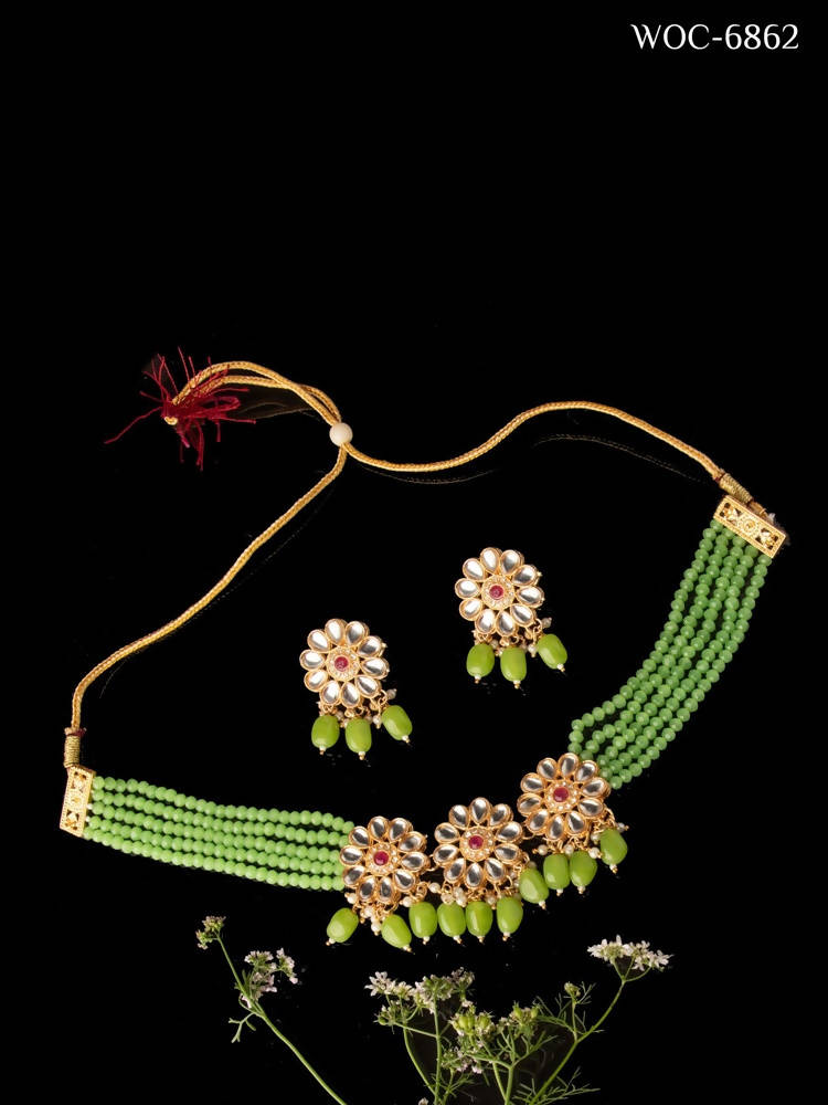 Mominos Fashion Johar Kamal Women's Pista Beads Pearls Gold-Polished Jewellery Set | Grab2Buy