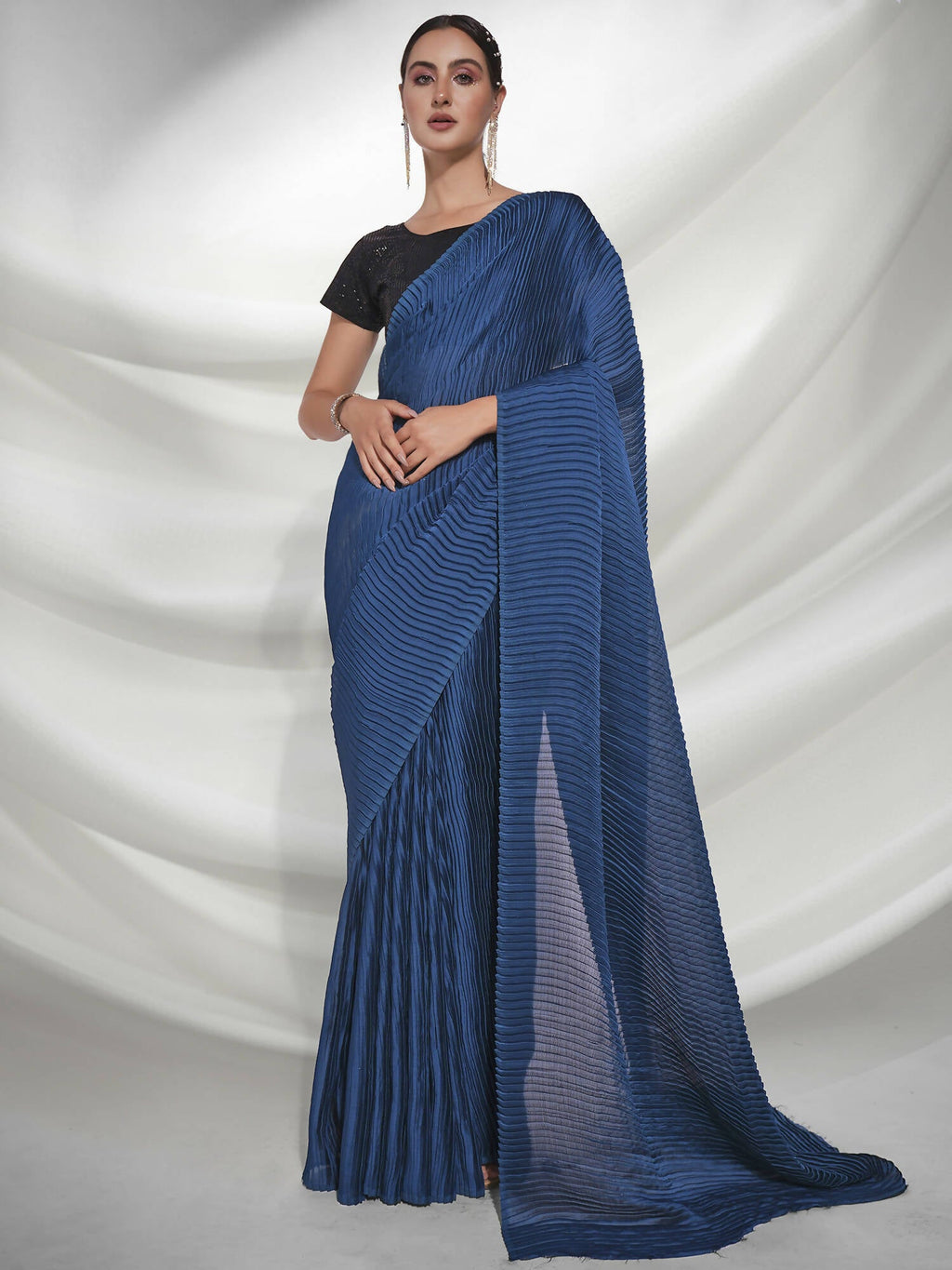 Teal Georgette Solid Texture Saree With Unstitched Blouse Piece - Rajal | Grab2Buy