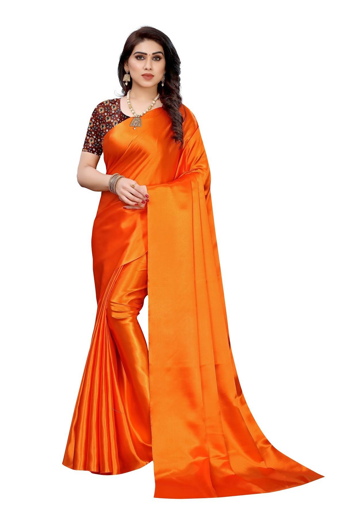 Vamika Plain Orange Satin Saree (SATIN GLORY ORANGE) | Grab2Buy