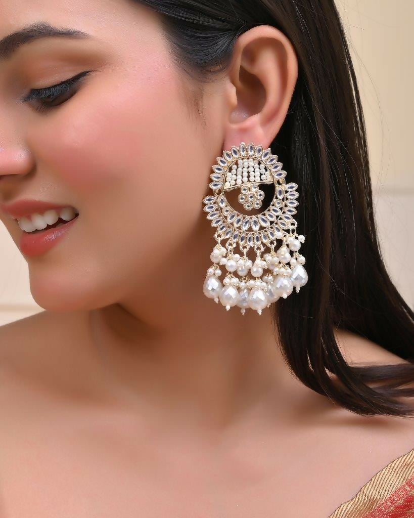 VOJ Gold-Polished Pearl Studded Chandbali Earrings | Grab2Buy