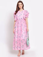 Myshka Women's Pink Printed Georgette Half Sleeve Round Neck Casual Dress | Grab2Buy