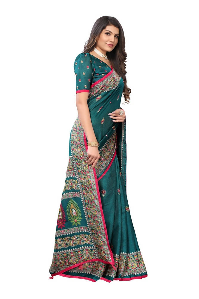 Vamika Rama Green Jute Silk Mirror Work Saree | Grab2Buy