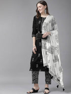 Yufta Women Black & White Ethnic Print Sequined Pure Cotton Kurta with Trouser and Dupatta | Grab2Buy