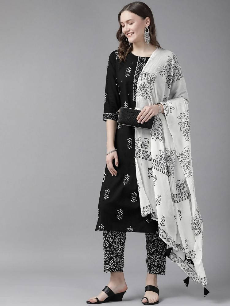 Yufta Women Black & White Ethnic Print Sequined Pure Cotton Kurta with Trouser and Dupatta | Grab2Buy