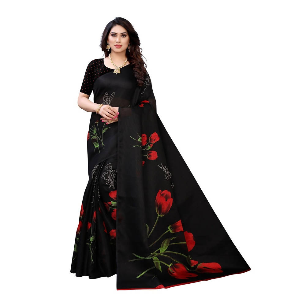 Vamika Printed Jute Silk Black Saree (Elisa Black) | Grab2Buy