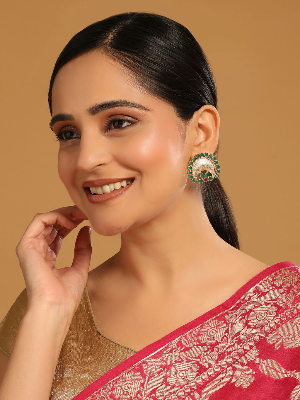 Nuyug 22K Gold Plated Faux Emerald Stone Studded Contemporary Shaped Studs | Grab2Buy