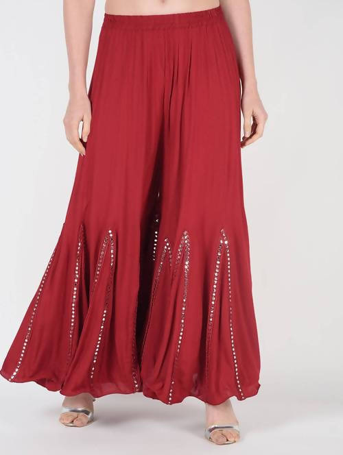 Mominos Fashion Maroon Viscose Rayon Flared Palazzo with Mirror Lace Work | Grab2Buy