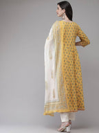 Yufta Women Yellow Floral Print Angrakha Pure Cotton Kurta and Trouser With Dupatta | Grab2Buy